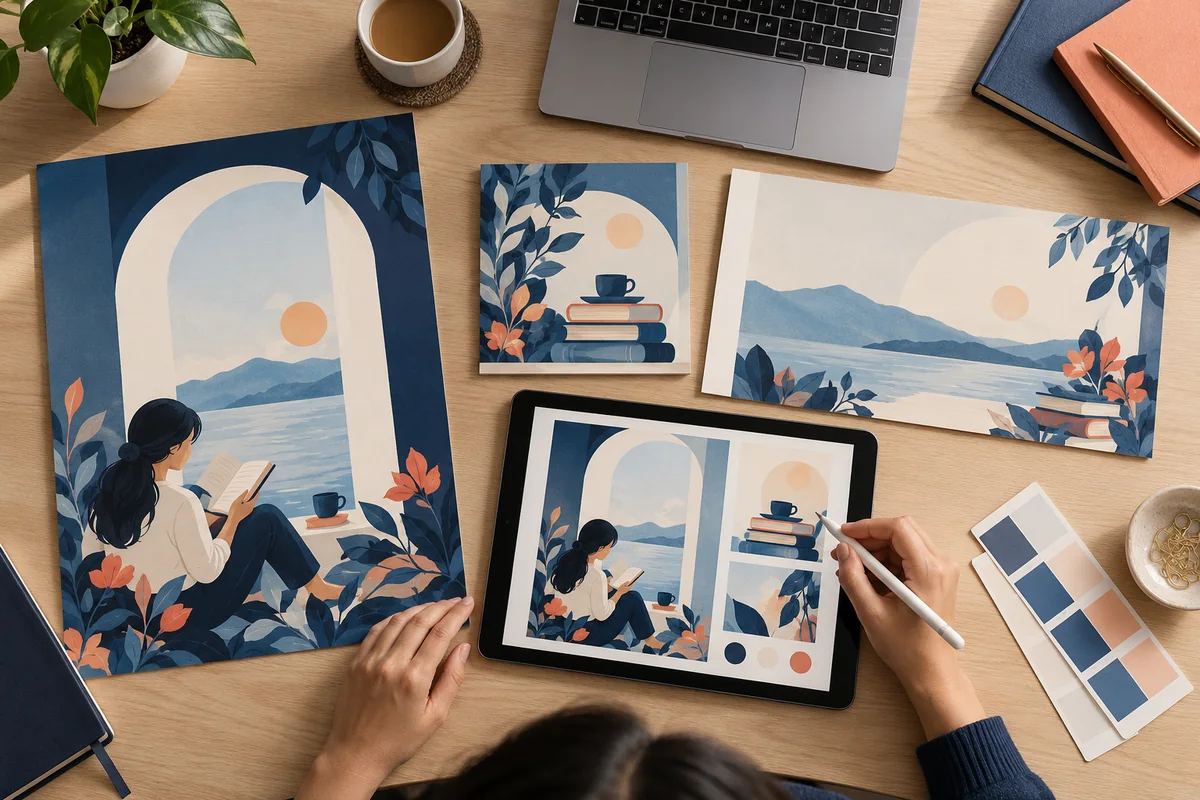 Coordinated poster, social graphic and presentation designs for a fictional reading club