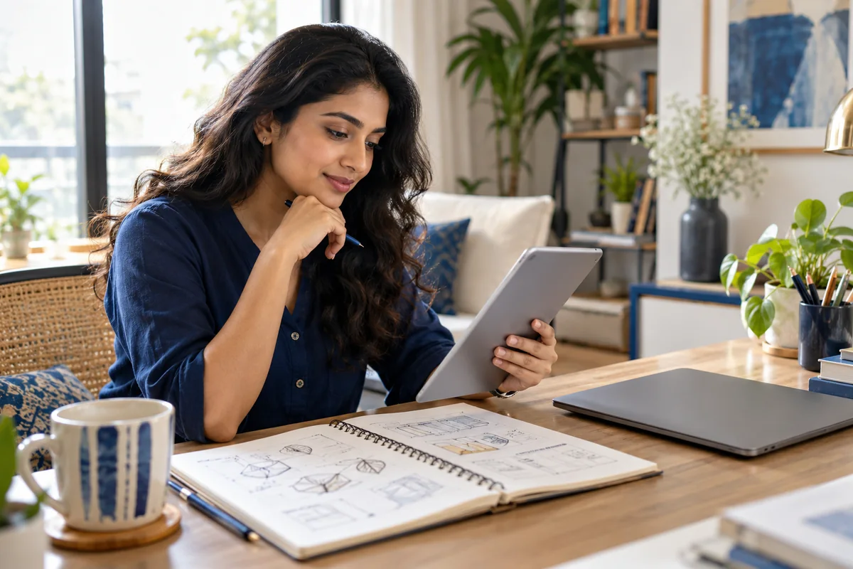 A professional reading a practical skills article and sketching a project in a notebook