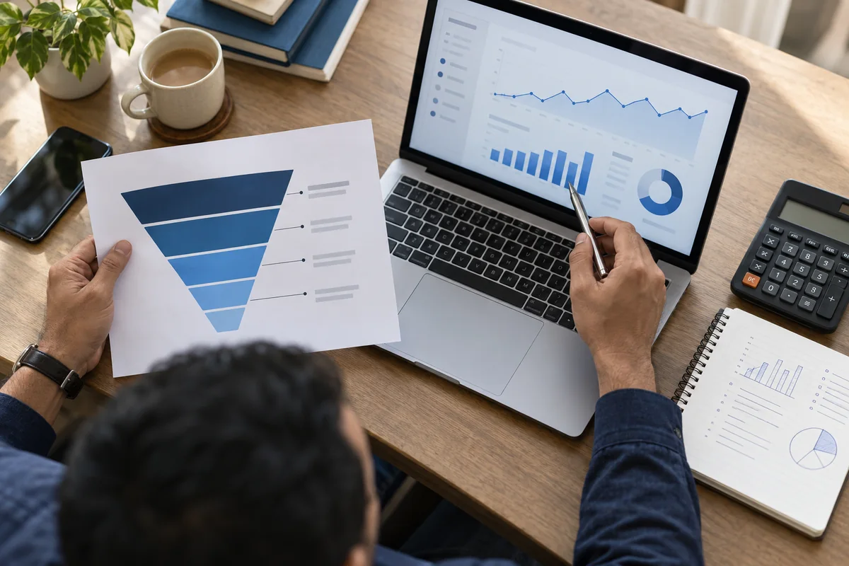 An entrepreneur reviewing a campaign funnel and enquiry measurements
