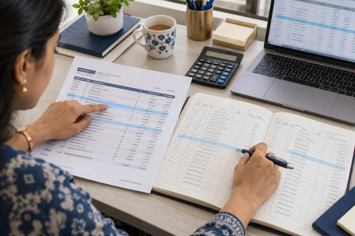An accountant comparing statement transactions with a cash-book ledger