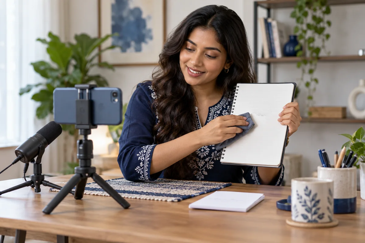 A creator filming a notebook demonstration with a smartphone and tabletop tripod