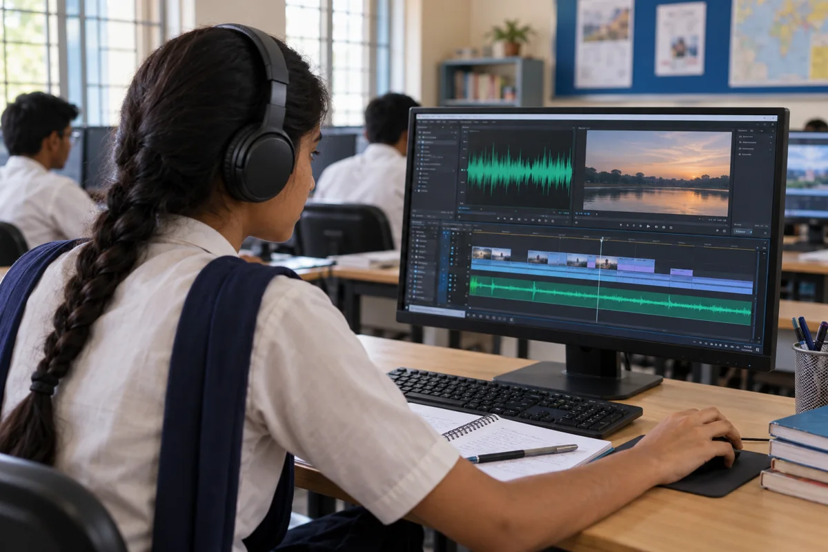An arts student practising audio and video editing at a classroom computer