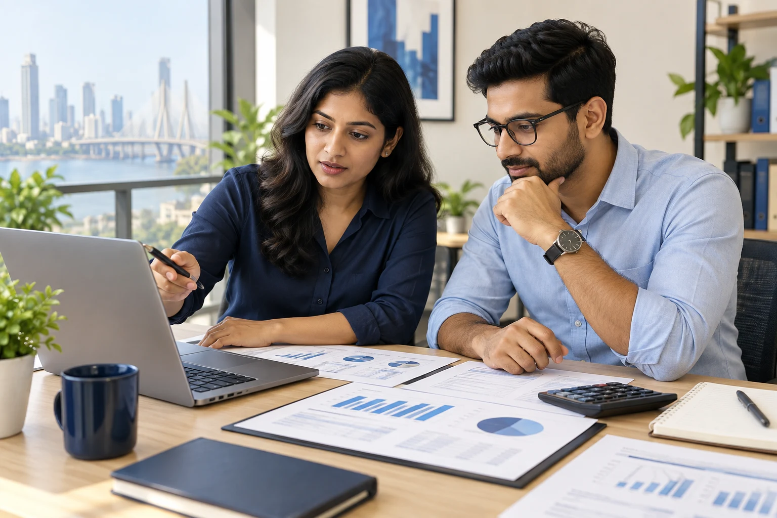 Indian finance professionals reviewing accounting reports and a spreadsheet together